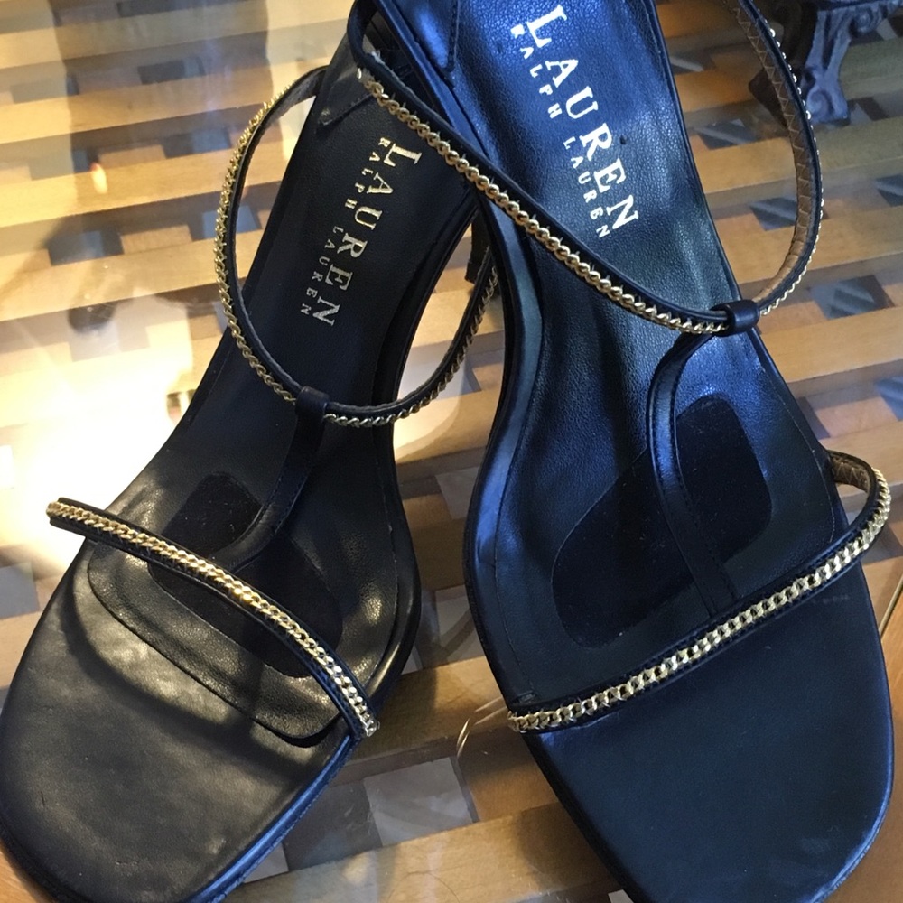 Ralph Lauren black sandals w/gold accents, Sz7 1/2